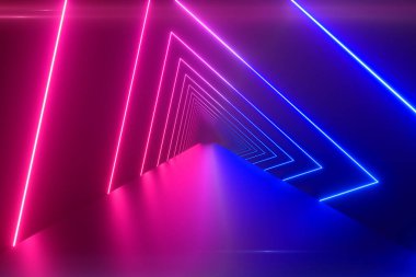 Bir tünel oluşturma parlayan dönen neon üçgenler ile uçan, mavi kırmızı pembe mor spektrum, floresan ultraviyole ışık, modern renkli aydınlatma, 3d çizim