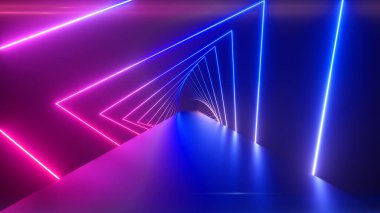 Bir tünel oluşturma parlayan dönen neon üçgenler ile uçan, mavi kırmızı pembe mor spektrum, floresan ultraviyole ışık, modern renkli aydınlatma, 3d çizim