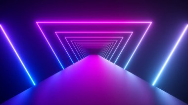 Bir tünel oluşturma parlayan dönen neon üçgenler ile uçan, mavi kırmızı pembe mor spektrum, floresan ultraviyole ışık, modern renkli aydınlatma, 3d çizim