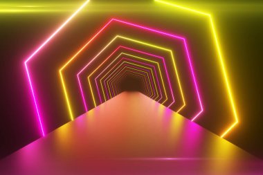 Dönen kareli soyut geometrik arkaplan, floresan ultraviyole ışık, parlayan neon çizgileri, dönen tünel, modern renkli sarı pembe spektrum, 3d illüstrasyon