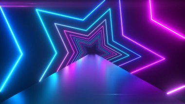 Dönen neon yıldızlı soyut dijital arkaplan. Modern ultraviyole mavi ışık tayfı. 3d illüstrasyon