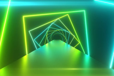Dönen kareli soyut geometrik arkaplan, floresan ultraviyole ışık, parlayan neon çizgileri, dönen tünel, modern renkli yeşil spektrum, 3d resim