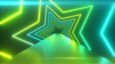 Dönen neon yıldızlı soyut dijital arkaplan. Modern yeşil ışık tayfı. 3d illüstrasyon