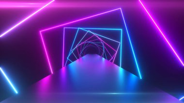 Dönen kareli soyut geometrik arkaplan, floresan ultraviyole ışık, parlayan neon çizgileri, dönen tünel, modern renkli mavi pembe spektrum, 3d illüstrasyon