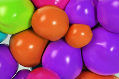 Abstract multicolored squishy balls move and interact with each other with internal pressure trying to find a place for themselves.