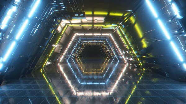 明るいネオン幾何学トンネルを飛んでいます 将来の技術 現代のカラースペクトル 輝くネオン蛍光灯と部屋のインテリア 未来建築の背景 3Dイラスト — ストック写真