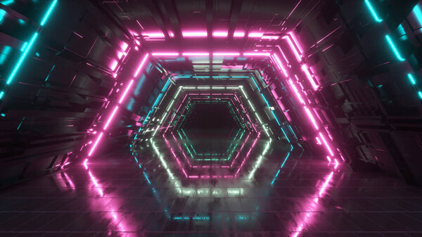 Flying in a bright neon geometric tunnel. Future technology. Modern color spectrum. Room interior with glowing neon fluorescent lamps. Futuristic architecture background. 3d illustration