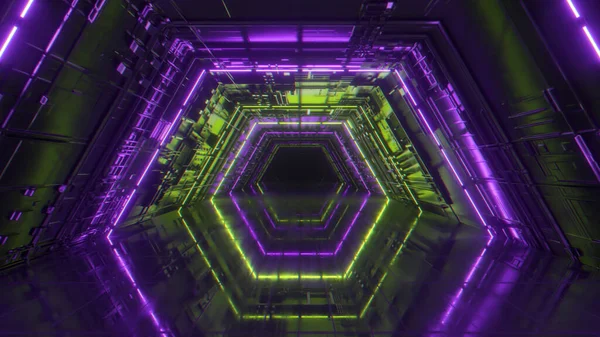 Flyger Ljus Neongeometrisk Tunnel Framtida Teknik Modernt Färgspektrum Rumsinteriör Med — Stockfoto