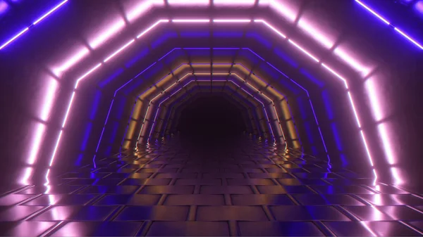 Flying in a bright neon geometric tunnel. Future technology. Modern color spectrum. Room interior with glowing neon fluorescent lamps. Futuristic architecture background. 3d illustration