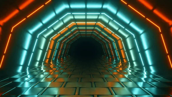 Voar Num Túnel Geométrico Néon Brilhante Tecnologia Futura Espectro Cores — Fotografia de Stock