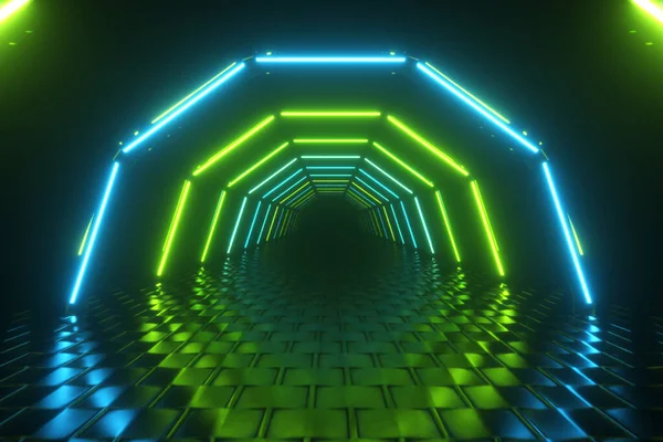 Volo Attraverso Corridoio Esagonale Tunnel Incandescente Luce Verde Neon Blu — Foto Stock