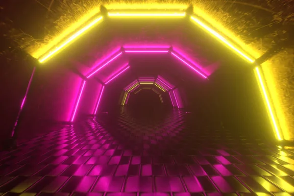 六角形の廊下を飛行 輝くトンネル ピンクの黄色のネオンライト 抽象的な背景 80年代のレトロなスタイル ポップ音楽のステージ ファッションの表彰台 3Dイラスト — ストック写真
