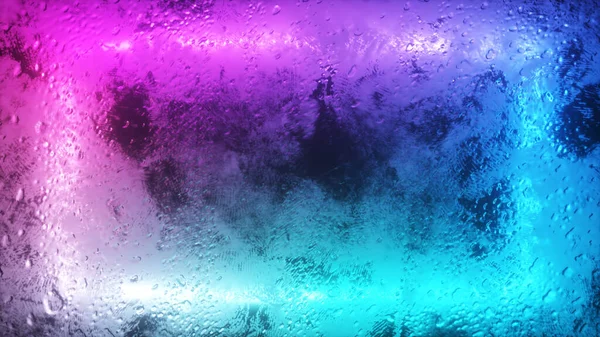 明るいネオンの長方形が霧の多い窓を通って点滅します 窓に水が落ちる 3Dイラスト — ストック写真