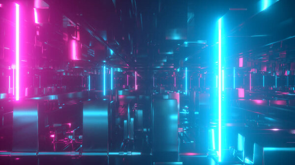 Летает в технологическом абстрактном пространстве со светящимися неоновыми трубками. В стиле киберпанка. Современный ультрафиолетовый спектр света. Синий фиолетовый цвет. 3d иллюстрация
