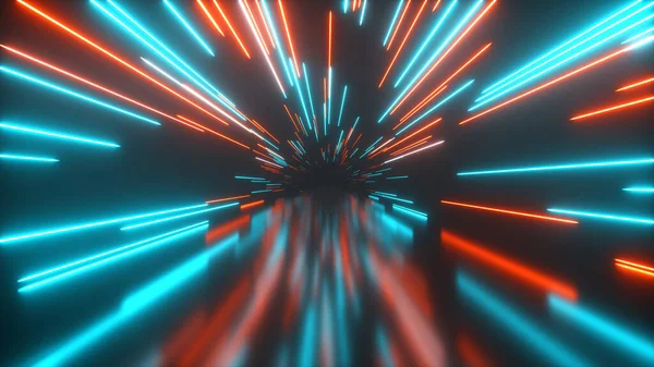 Parlak neon çizgilerle uzayda uçmak. Hiper uzay. Modern ultraviyole ışık tayfı. Mavi kırmızı renk. 3d illüstrasyon
