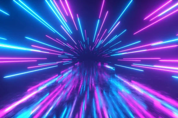 Fliegen All Mit Leuchtenden Neonlinien Hyperraum Modernes Ultraviolettes Lichtspektrum Blauviolette — Stockfoto