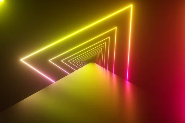 Fliegen Durch Leuchtende Rotierende Neon Dreiecke Die Einen Tunnel Schaffen — Stockfoto