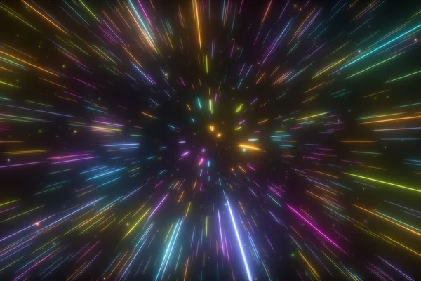 Kosmické Hyperprostorové Pozadí Rychlost Světla Neonově Zářící Abstraktní Paprsky Pohybující — Stock fotografie