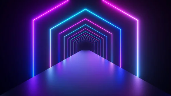 Dönen kareli soyut geometrik arkaplan, floresan ultraviyole ışık, parlayan neon çizgileri, dönen tünel, modern renkli mavi pembe spektrum, 3d illüstrasyon