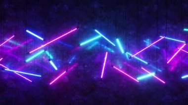 İplerden sarkan mavi ve sarı floresan ışıkları. Modern ultraviyole ışık. Kameranın oda boyunca hareketi. Kusursuz döngü 3 boyutlu canlandırma