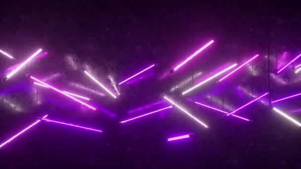 Luminaires fluorescents au néon violet et blanc suspendus aux cordes. Éclairage moderne. Le mouvement de la caméra le long de la pièce. Boucle sans couture animation 3D — Video