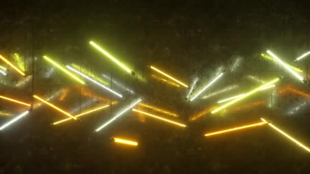 Luzes fluorescentes de néon laranja e amarelo suspensas de cordas. Moderna iluminação. O movimento da câmera ao longo da sala. Animação 3D loop sem costura — Vídeo de Stock