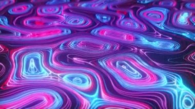 Topografik harita kavramının soyut neon arkaplanı. Contour haritası. Vadiler ve dağlar. Coğrafya konsepti. Dalgalı fon. Uzay yüzeyi. Sihirli neon ışığı kıvrımlı kıvrımlı çizgi. Kusursuz 3D döngü oluşturucu