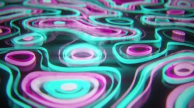 Topografik harita kavramının soyut neon arkaplanı. Contour haritası. Vadiler ve dağlar. Coğrafya konsepti. Dalgalı fon. Uzay yüzeyi. Sihirli neon ışığı kıvrımlı kıvrımlı çizgi. Kusursuz 3D döngü oluşturucu