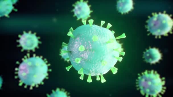 As células virais realistas giram contra um fundo escuro. Surto de gripe e gripe com o vírus microscópio vermelho de perto. Pandemia, conceito médico. Laço sem costura 3d render — Vídeo de Stock