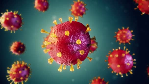 現実的な赤いウイルス細胞は暗い背景に向かって回転します。インフルエンザの発生と赤色の顕微鏡ウイルスのインフルエンザが終了します。流行医学の概念だ。シームレスループ3Dレンダリング — ストック動画