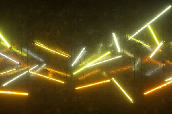 Orange and yellow neon fluorescent lights suspended from ropes. Modern lighting. 3d illustration