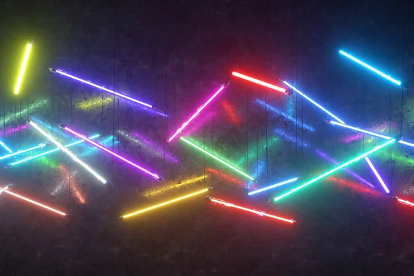 Luzes Fluorescentes Néon Multicoloridas Suspensas Cordas Moderna Iluminação Ilustração — Fotografia de Stock