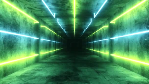 Voler dans un intérieur futuriste abstrait bleu et vert. Couloir avec lampes fluorescentes lumineuses au néon allumé. Fond architectural futuriste. Boîte avec un mur en béton. Boucle sans couture rendu 3d — Video