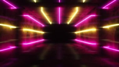 Soyut mavi fütüristik bir iç mekanda uçuyor. Neon ışıklı floresan lambalı koridor açıldı. Gelecekçi mimari geçmişi. Beton duvarlı bir kutu. Kusursuz 3D döngü oluşturucu