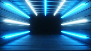 Soyut mavi fütüristik bir iç mekanda uçuyor. Neon ışıklı floresan lambalı koridor açıldı. Gelecekçi mimari geçmişi. Metal duvarlı bir kutu. Kusursuz 3D döngü oluşturucu