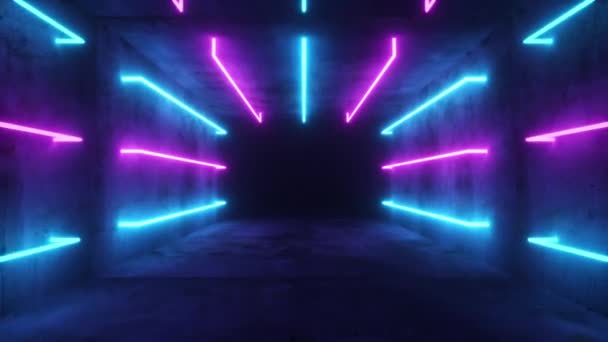 Voler dans un intérieur futuriste abstrait bleu et violet. Couloir avec lampes fluorescentes lumineuses au néon allumé. Fond architectural futuriste. Mur en béton. Boucle sans couture rendu 3d — Video