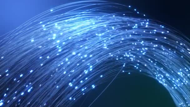 Transmisión digital de datos a través de fibras ópticas. Los pulsos de la señal tienden a lo largo de los cables . — Vídeo de stock