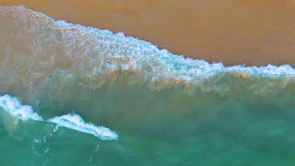Ovanifrån av en tropisk sandstrand. Havsvågor i slow motion. Flygfoto 4k vy — Stockvideo