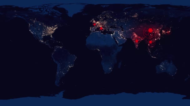 COVID-19 Coronavirus Globalna mapa pandemii. Rozprzestrzenianie się nowego niebezpiecznego wirusa na całej planecie Ziemi. Mapa koronawirusów rozprzestrzeniających się z Wuhan. Animacja MERS-Cov — Wideo stockowe