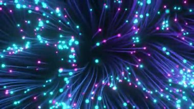 Fiber optik kablolar ve yanıp sönen sinyaller. Fiber optik kabloyla dijital veri iletimi. Bokeh 'li renkli optik liflerin üst görüntüsü. Teknoloji konsepti. Kusursuz 3D döngü oluşturucu