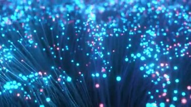 Fiber optik kablolar ve yanıp sönen sinyaller. Fiber optik kabloyla dijital veri iletimi. Bokeh renkli renkli optik iplik buketi. Teknoloji konsepti. Kusursuz 3D döngü oluşturucu
