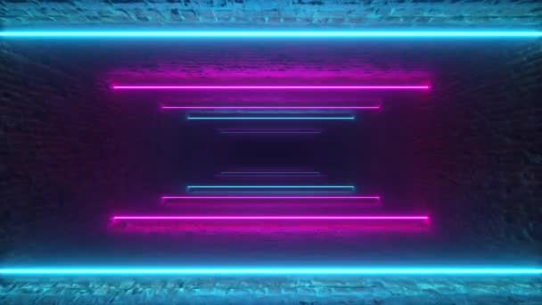 Πετώντας μέσα από λαμπερό γραμμές νέον δημιουργώντας ένα τούβλο σήραγγα, μπλε κόκκινο ροζ βιολετί φάσμα, φθορίζον υπεριώδες φως, σύγχρονο πολύχρωμο φωτισμό, 4k αδιάλειπτη βρόχο cg animation — Αρχείο Βίντεο