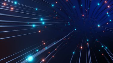 Mavi sinyalin kabloyla yayılması. Kabloların arkasındaki kameranın hareketi. Dijital dünyada bilginin yayılması ve iletilmesi kavramı. 3d illüstrasyon