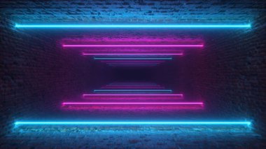 Parlayan neon çizgilerin içinden uçmak tuğla bir tünel yaratmak, mavi pembe menekşe spektrumu, floresan ultraviyole ışığı, modern renkli aydınlatma, 3d illüstrasyon