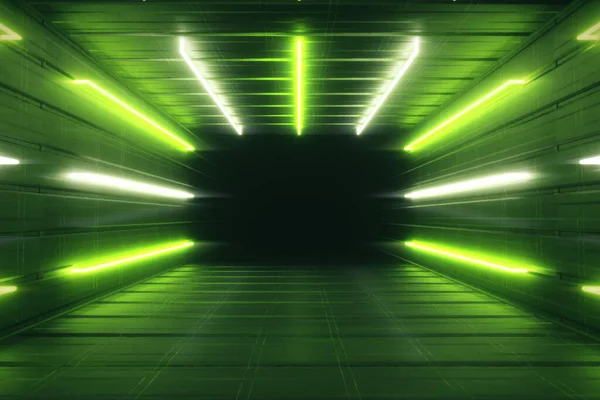 Flying in an abstract green futuristic interior. Corridor with neon luminous fluorescent lamps turned on. Futuristic architecture background. Box with a metall wall. 3d illustration