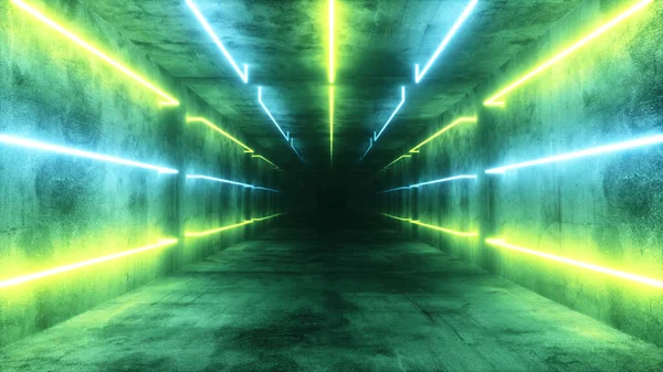 在一个抽象的蓝色和绿色的未来派内部飞行 有霓虹灯发光荧光灯的走廊已经打开 未来建筑背景 有混凝土墙的盒子 无缝圈3D渲染 — 图库照片