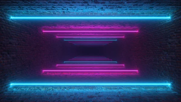 Flyver Gennem Glødende Neon Linjer Skaber Mursten Tunnel Blå Rød - Stock-foto