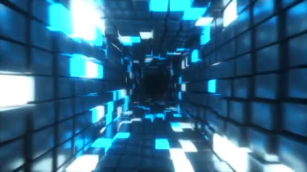 Abstrakcyjne latanie w futurystycznym korytarzu, bezszwowe tło pętli 4k, fluorescencyjne światło ultrafioletowe, świecące kolorowe kostki neonowe, geometryczny niekończący się tunel, niebieskie spektrum, renderowanie 3D — Wideo stockowe