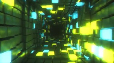 Fütüristik koridorda soyut uçuş, dikdörtgen döngü 4k arkaplan, floresan ultraviyole ışık, parlak neon küpler, geometrik sonsuz tünel, mavi sarı spektrum, 3d
