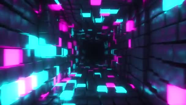 Astratto volare in corridoio futuristico, loop senza soluzione di continuità 4k sfondo, fluorescente luce ultravioletta, incandescente cubi al neon colorati, geometrico tunnel infinito, blu spettro rosa, rendering 3d — Video Stock